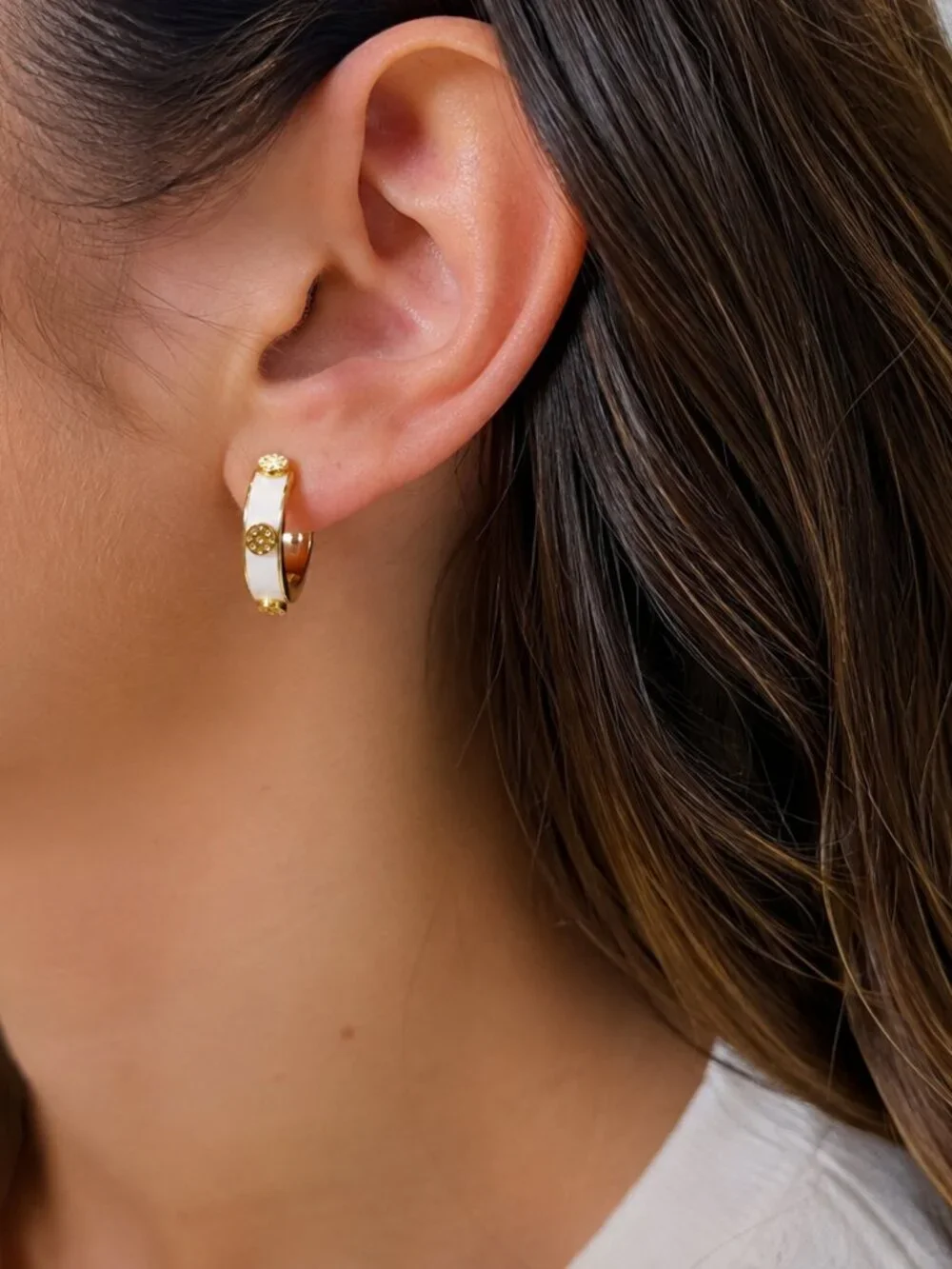 Tory Burch Gold Ivory Stud Hoop HUGGIE Earrings and Enamel Logo Cuff Bracelet